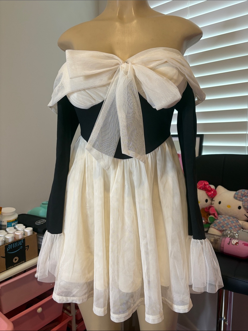 privy Black Off-Shoulder Dress with Cream Tulle Bow